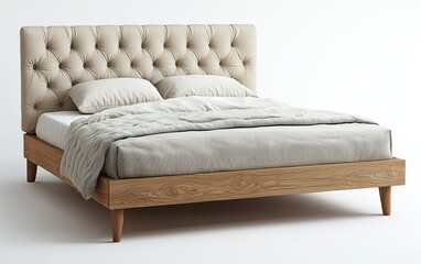Obraz premium Modern wooden bed frame with a tufted beige fabric headboard, white bedding, two pillows, and a rumpled soft blanket in a serene and cozy atmosphere