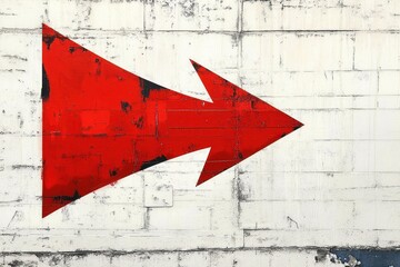 Large red arrow painted on a worn white brick wall showing direction to the right with distressed texture
