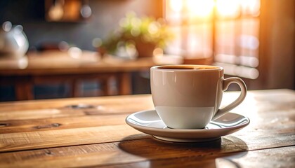Coffee cup on wooden table, sunlit