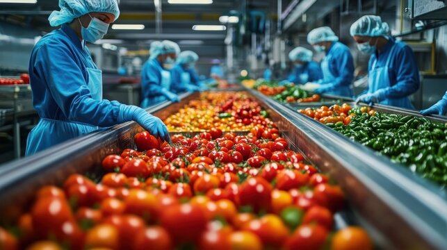 Workers in protective clothing sorting and inspecting fresh tomatoes and green peppers on a conveyor belt in a brightly lit food processing facility, focused and meticulous atmosphere