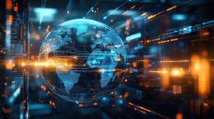 Digital 3D globe with highlighted continents surrounded by glowing data streams against a dark futuristic backdrop, representing global technology and connectivity