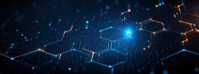 Glowing blue and orange hexagonal digital network pattern on a dark background with interconnected lines and small light particles