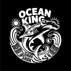 A stylized illustration of a hammerhead shark leaping through ocean waves with decorative elements.