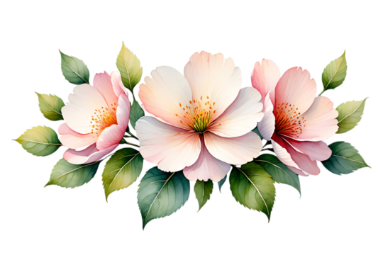Delicate pink watercolor flowers with green leaves isolated on transparent background - Powered by Adobe