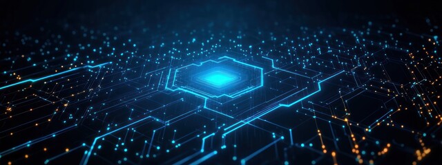 Futuristic glowing blue hexagonal digital circuit board with light nodes and intricate network pathways in a dark space