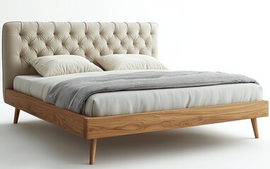 Obraz premium Simple modern wooden bed frame with tufted beige headboard, two pillows, gray blanket and white bedsheet in minimalistic setting