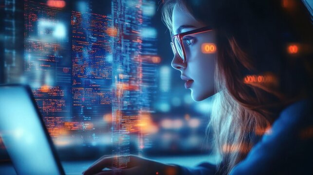 Focused woman wearing glasses working on a laptop with holographic digital code and data streams surrounding her in a dark high-tech environment