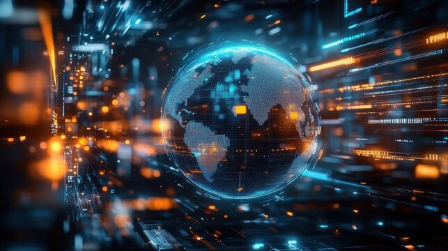 Futuristic digital globe surrounded by glowing data streams and neon lights in a high-tech virtual environment
