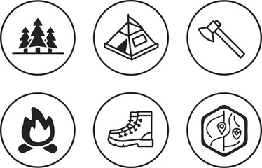 Camping icons set forest tent axe campfire boot map