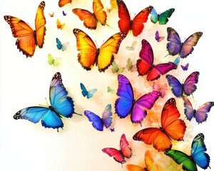 vibrant multicolored butterflies flying with orange, blue, purple, green, and pink hues on a light background creating a lively and joyful atmosphere
