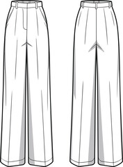 PrintWide-leg pants fashion illustration, front and back view, vector template for stylish tailoring, garment sketch, clothing pattern drawing