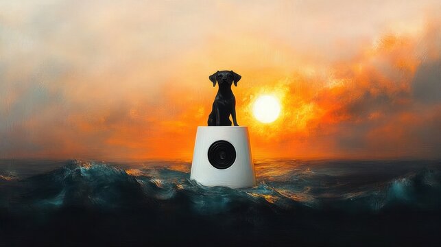 black dog sitting on a white buoy in rough ocean waters during a fiery orange sunset with dark clouds