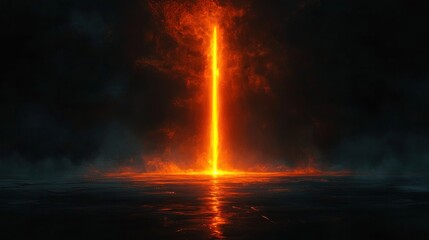 Fiery vertical beam of intense orange light rising from dark reflective surface with glowing smoky clouds surrounding it in a dramatic night scene