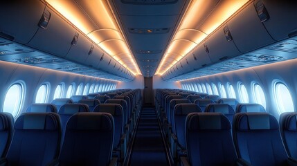 Fototapeta premium Empty modern airplane cabin with rows of blue seats and soft warm overhead lighting creating a calm and inviting atmosphere