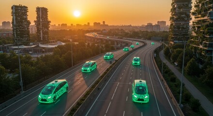 Autonomous electric vehicles cruising on a highway at sunset near vertical forest skyscrapers