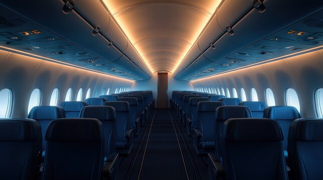 Interior of an empty airplane cabin with rows of blue seats, soft overhead lighting, and windows along both sides, creating a calm and orderly atmosphere - Powered by Adobe