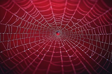 Obraz premium Intricate spider web covered in dew drops with a central drop glistening against a deep red blurred background evoking delicate natural beauty