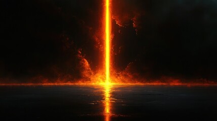 Intense vertical beam of bright orange light piercing through dark smoky clouds and reflecting on glossy wet surface below