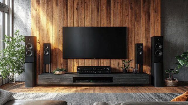 Modern living room with large flat-screen TV mounted on wooden wall, stereo speakers, media console, potted plants, and cozy natural sunlight atmosphere