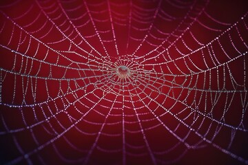 Obraz premium Close-up of a spider web with morning dew droplets glistening against a dark red blurred background
