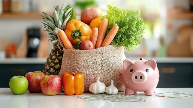 Fresh grocery bag filled with pineapple, bell peppers, carrots, lettuce, apples, garlic on kitchen counter with piggy bank and dollar bills symbolizing savings and healthy eating
