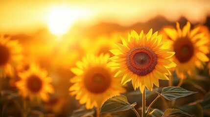 Obraz premium Bright sunflower in focus with several sunflowers blurred in the background under a warm golden sunset light