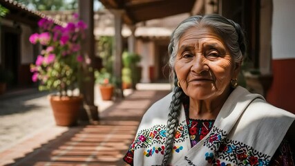 Portrait of Elderly Mexican Woman in Traditional Attire with Braided Hair Smiling in an Outdoor Setting