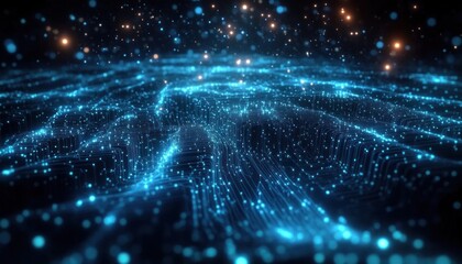 Abstract digital landscape with glowing blue circuits and orange light particles creating a futuristic and dynamic technology-inspired scene