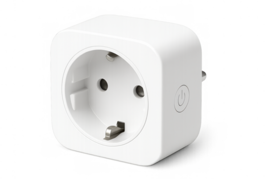 White smart plug with power button controlling home appliances energy consumption, on transparent background - Powered by Adobe