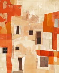 Abstract architectural composition of a deconstructed cubist building rendered in warm terracotta and ochre tones with a textured paper collage effect and fine abstract line art overlays.
