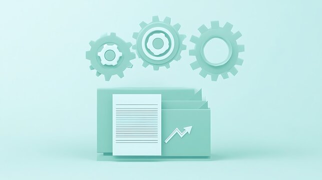 A light blue scene featuring gears above folders with a document and an upward arrow - Powered by Adobe