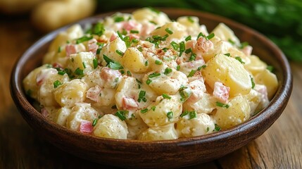 Creamy potato salad with diced ham and fresh chopped herbs served in a rustic wooden bowl on a wooden table