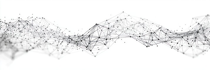 Abstract black and white network of interconnected dots and lines forming wave-like geometric patterns on a white background