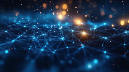 Obraz premium Abstract digital network of interconnected glowing blue nodes and lines with warm golden bokeh lights in background