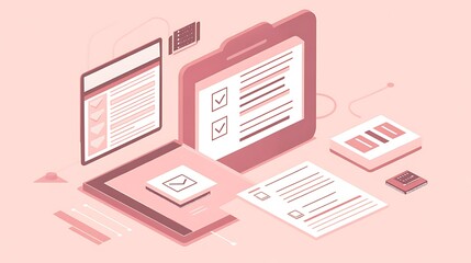 Isometric illustration of digital documents and checklist on a pink background