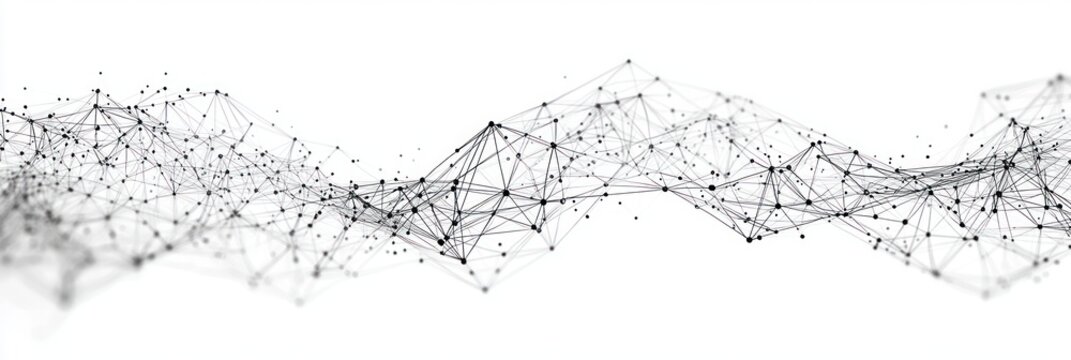 Abstract black and white network of interconnected dots and lines forming wave-like geometric patterns on a white background - Powered by Adobe