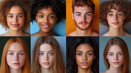 Close-up portraits of diverse young adults with natural expressions and a range of hair textures and skin tones against plain colored backgrounds