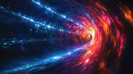 Vibrant tunnel of swirling light with contrasting blue and fiery red-orange hues creating a dynamic, energetic flow towards a bright central vortex