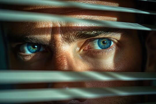 Close-up of a person's intense blue eyes looking through partially open window blinds with dramatic shadows on the face