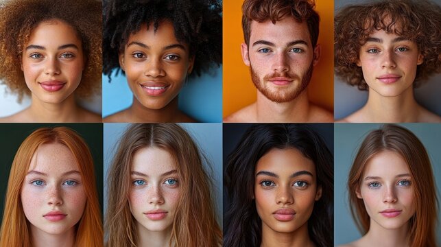 Close-up portraits of diverse young adults with natural expressions and a range of hair textures and skin tones against plain colored backgrounds