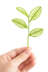 Delicate embroidered sprig held gently in a hand, On Transparent Background, Isolated On White, Png