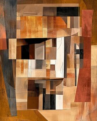 Abstract architectural composition of a deconstructed cubist building rendered in warm terracotta and ochre tones with a textured paper collage effect and fine abstract line art overlays.