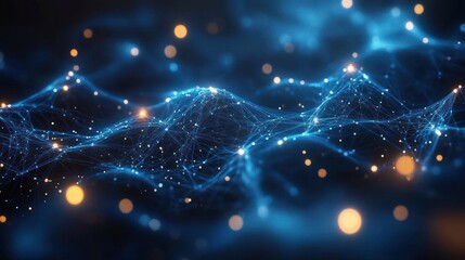 Abstract glowing blue wave network with interconnected points and bright orange particles floating in a dark space, symbolizing digital connectivity and data flow
