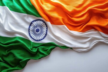 Close-up of a fabric flag with green, white, and orange horizontal stripes and a blue wheel emblem in the center, draped with soft folds