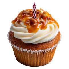 Birthday cupcake topped with candle concept. Delicious caramel cupcake topped with creamy frosting and a candle.