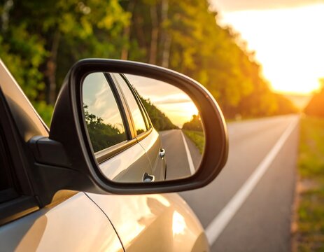 Car side mirror reflecting sunset highway