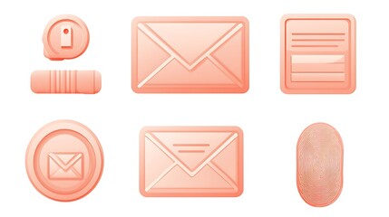 Peach colored email and document icons arranged on a white background surface view