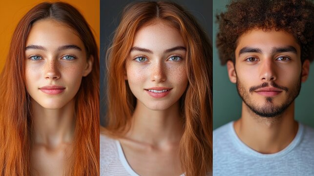Portraits of two young women with red hair and freckles and a young man with curly hair and beard, all looking directly at the camera with neutral expressions