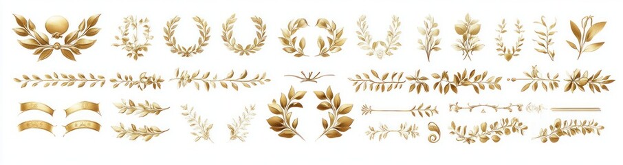 Collection of elegant golden laurel wreaths, branches, leaves, and ribbon design elements arranged in a row on a white background conveying a classic and regal aesthetic