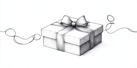Detailed black and white sketch of a gift box wrapped with a ribbon tied in a bow with loose ribbon ends extending outward, conveying simplicity and elegance